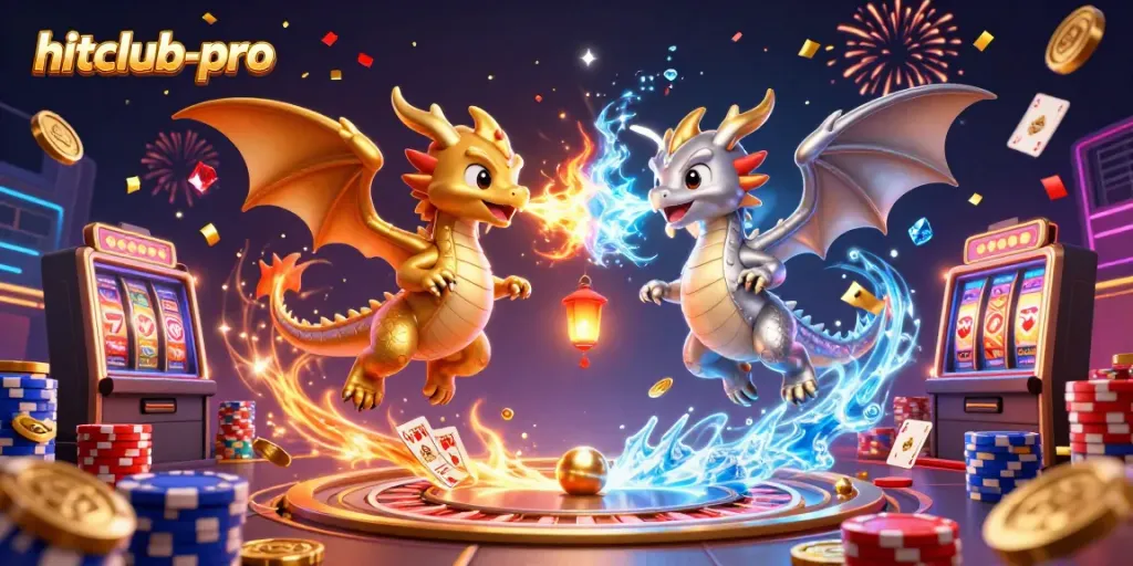Win big with hitclub-pro as twin dragons embody fire and ice in an exciting casino scene.
