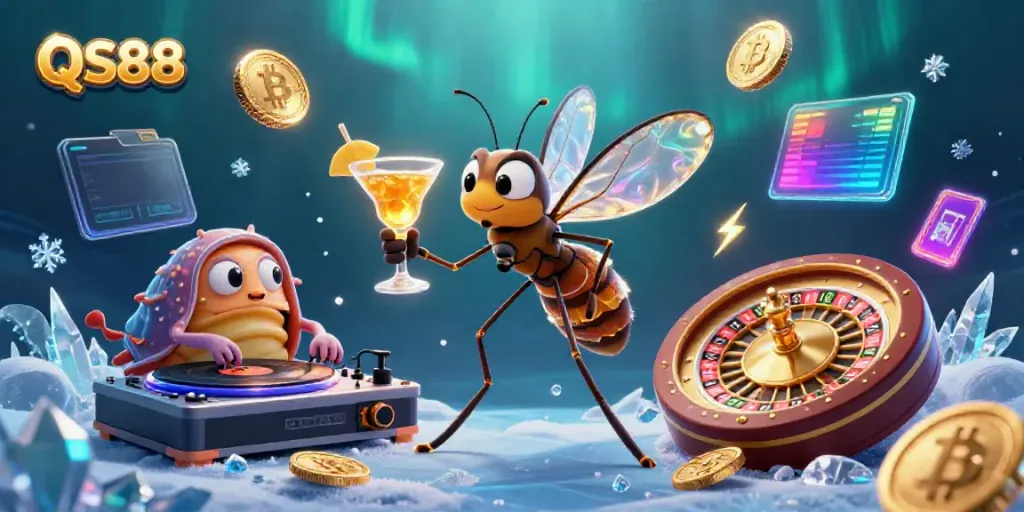 Engage with QS88's thrilling casino scene featuring lively characters and crypto elements.