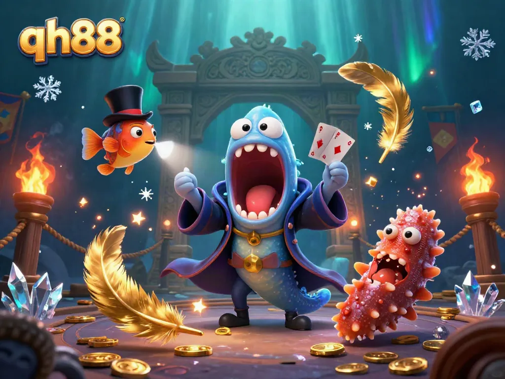 Experience the thrill of qh88 with vibrant underwater casino elements, showcasing a lively magic act.