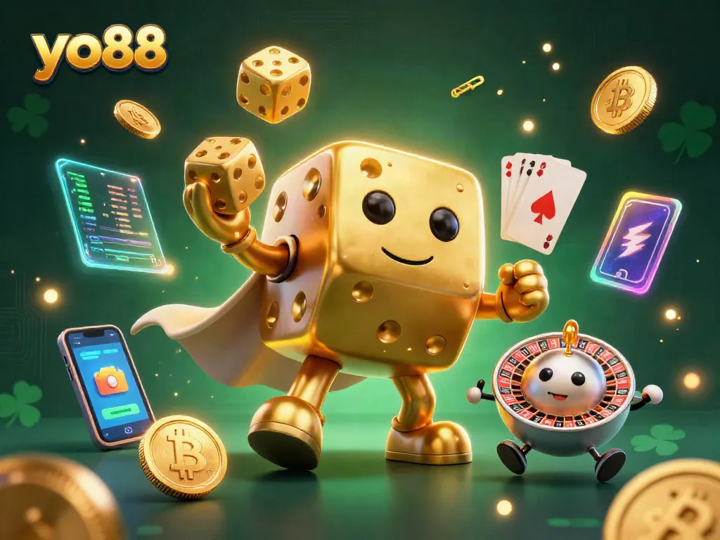 Experience thrilling gaming adventures with yo88's vibrant, engaging casino illustration featuring golden dice and crypto elements.