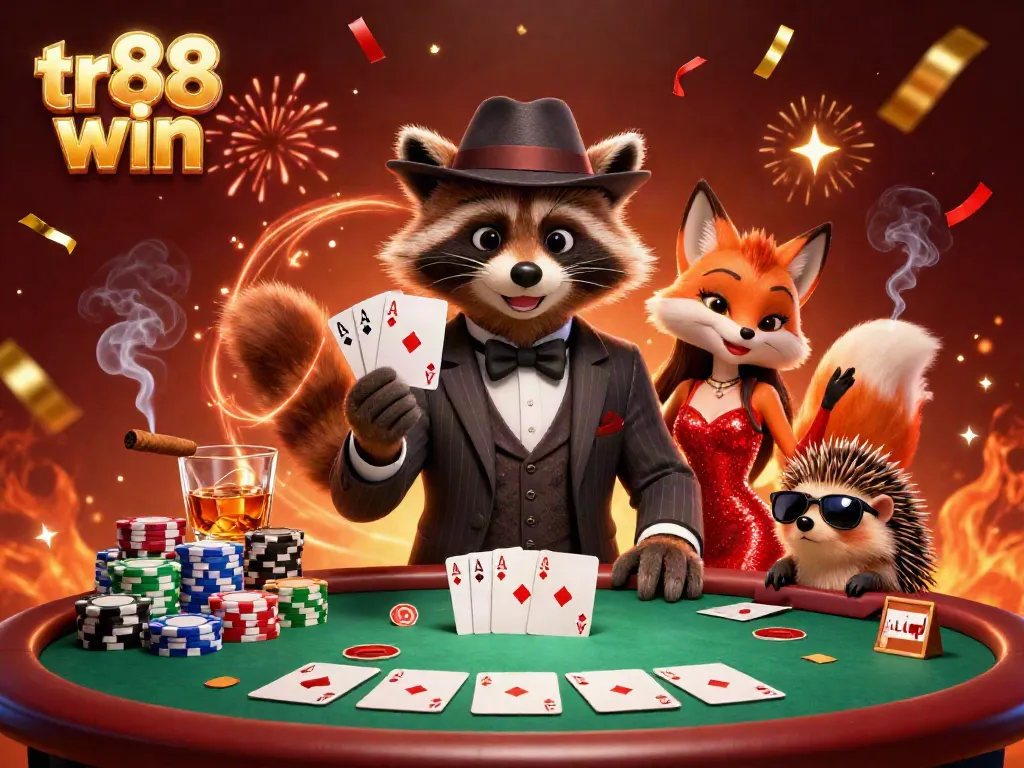 Experience excitement and strategy with tr88 win as a charming raccoon and fox at a lively poker table.