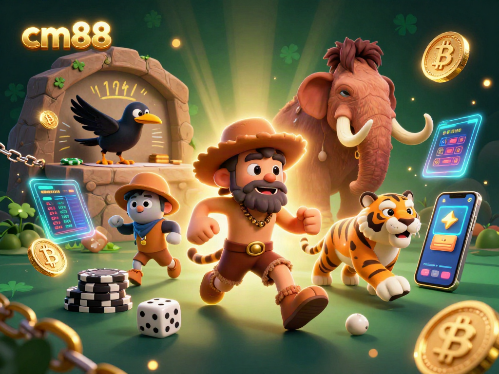 Experience thrilling gameplay at cm88 with 3D caveman and tiger in a vibrant casino.