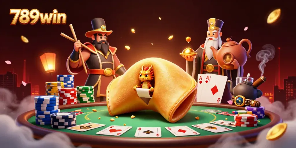Experience the thrill of gaming with 789win, featuring a fortune cookie and poker elements in a vibrant scene.