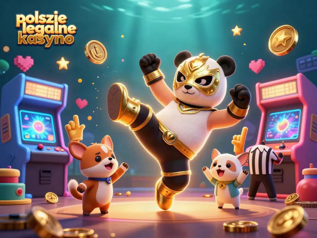Action-packed scene of polskie legalne kasyno with a thrilling profession wrestler panda and animated crowd, showcasing dynamic gaming elements.