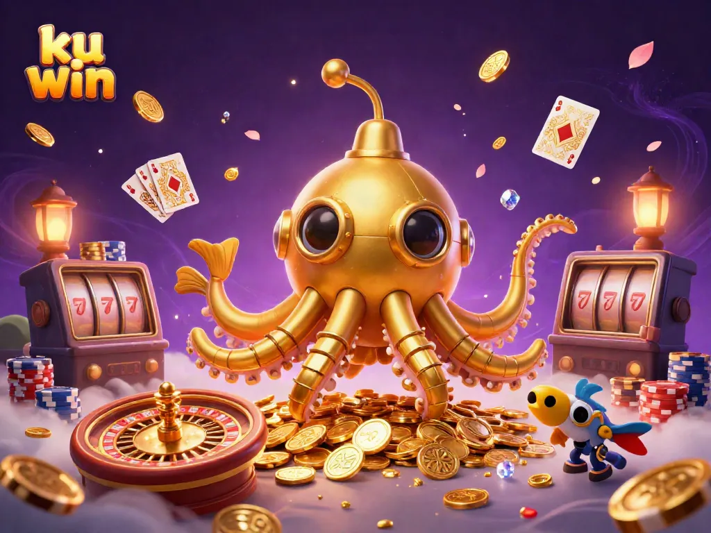 Experience high-stakes fun with ku win's golden kraken and treasure-filled casino scene!