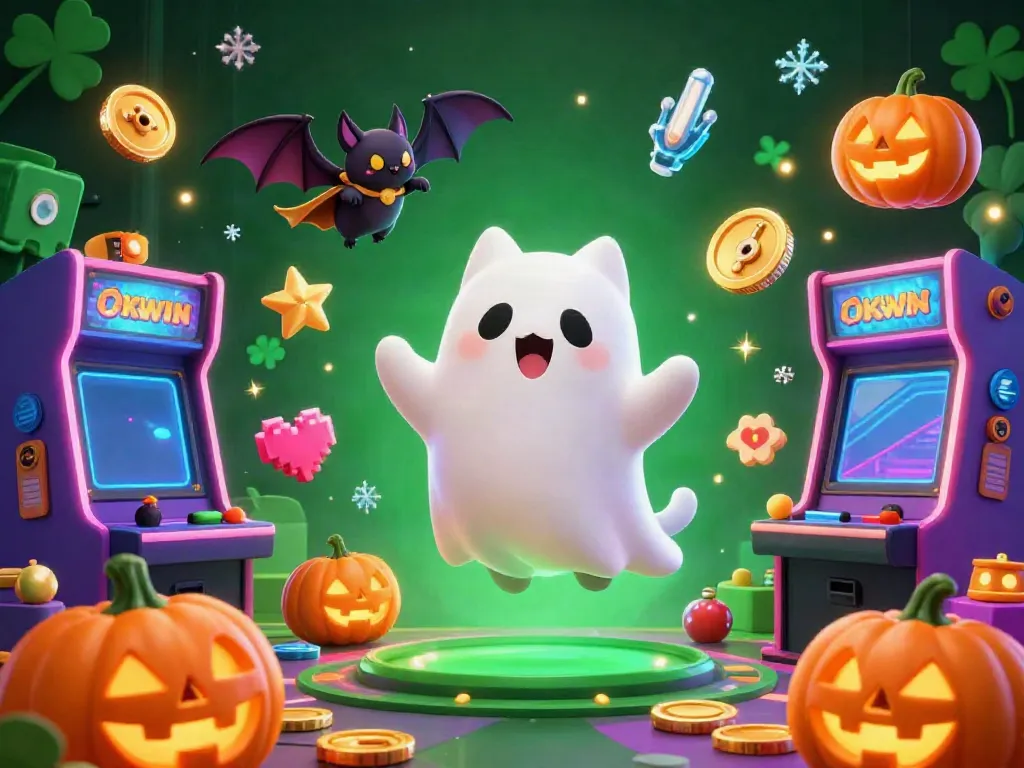 Experience the thrilling vibes of OKWIN casino with vibrant gaming elements and characters!