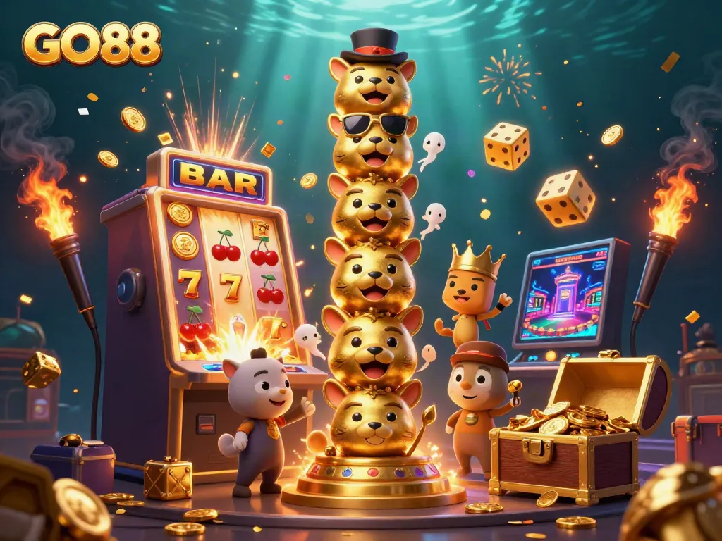 Experience GO88's vibrant gaming atmosphere with explosive jackpots and colorful casino elements.