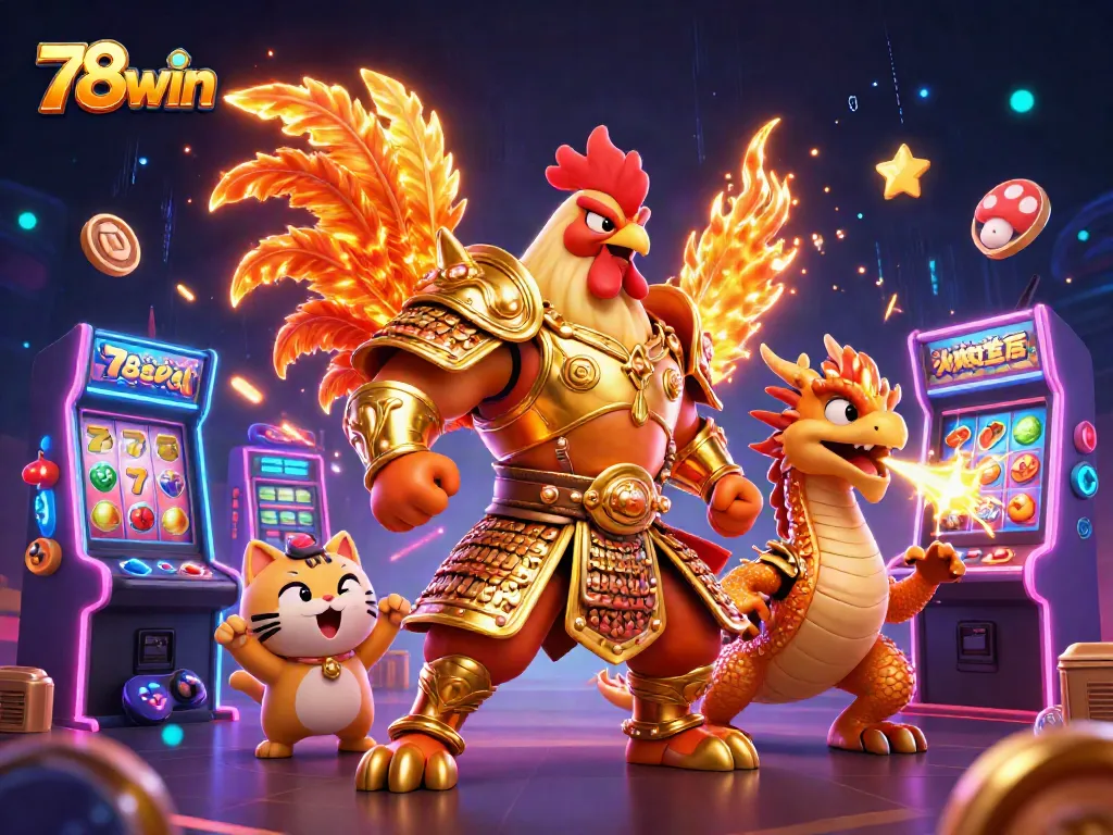 Engage in thrilling gameplay at 78win with a dynamic casino scene featuring a powerful rooster warrior.