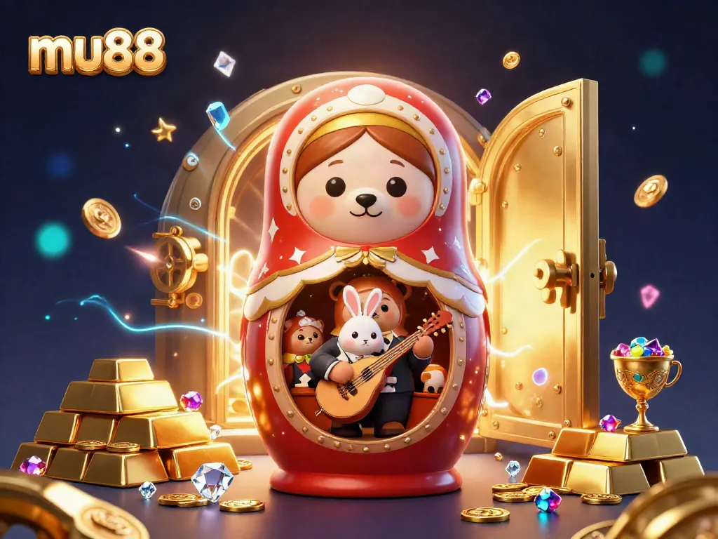 Experience the thrilling atmosphere of mu88 with an engaging 3D casino scene packed with gold and excitement.