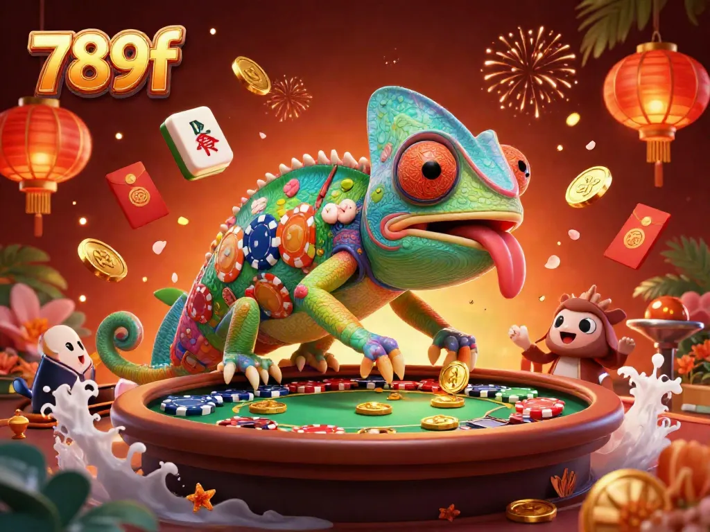 Experience the vibrant energy of 789f with a lively chameleon casino owner surrounded by dynamic game elements.