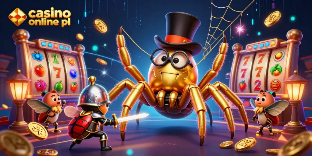 Play vibrant casino online pl with a giant golden tarantula weaving threads between slot reels and a beetle knight.