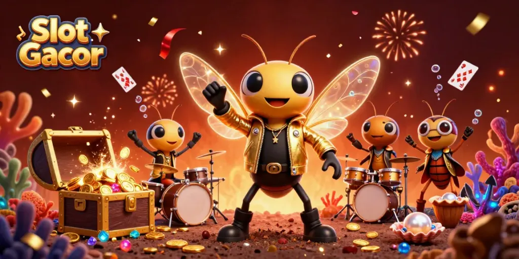 Experience the excitement of Slot Gacor with a vibrant 3D casino scene featuring a rock star cicada and treasure elements.