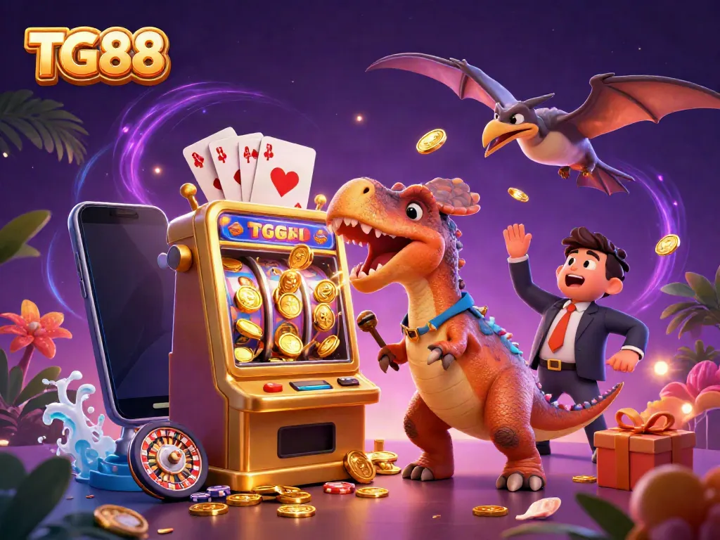 Engaging scene of TG88 characters featuring a pachycephalosaurus winning a jackpot, emphasizing thrilling casino action.