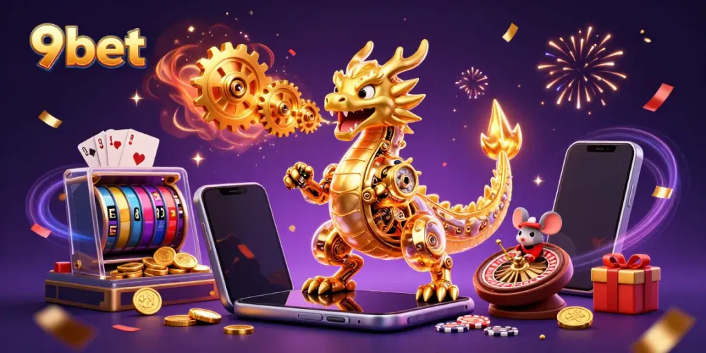 Engage in winning strategies at 9bet with a vibrant 3D casino illustration featuring dynamic gaming elements.