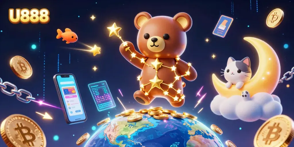 Engage in thrilling U888 casino adventures with a dazzling 3D illustration showcasing stars, crypto elements, and vibrant gaming actions.