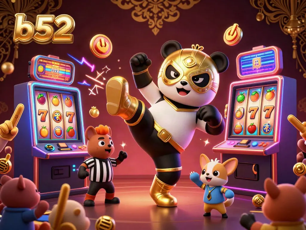 Engage with b52's thrilling slot experience featuring a wrestler panda in an electrifying gaming scene.