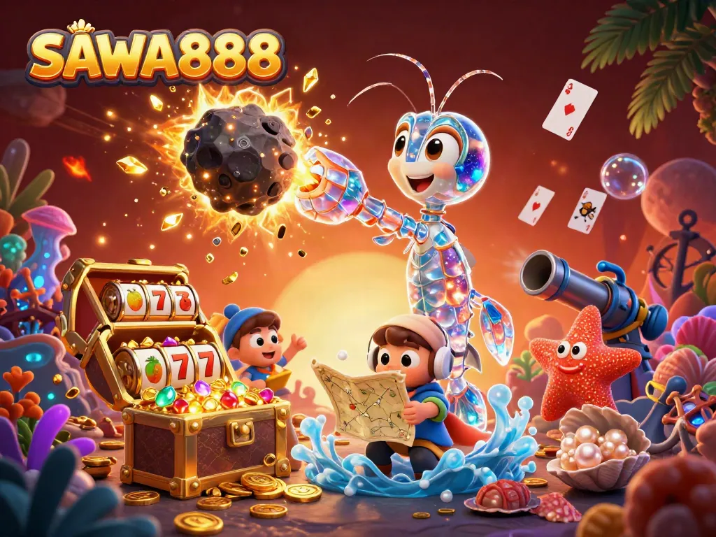 Engage with SAWA888 by winning big in a vibrant casino scene featuring galactic samurai and treasures.