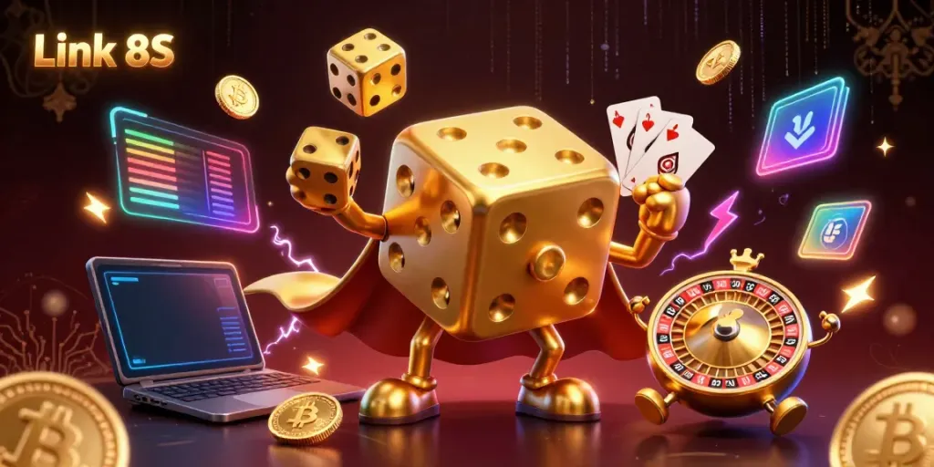 Engage with Link 8S through dynamic golden dice, crypto coins, and casino elements in a vibrant 3D scene.