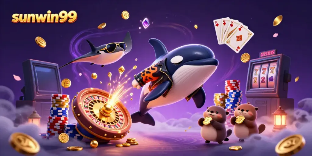 Enjoy thrilling luck with sunwin99 as a vibrant scene showcases animated casino characters and winning symbols.