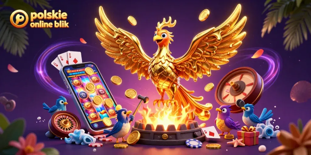 Experience the excitement of polskie kasyna online blik with a vibrant 3D casino scene featuring golden phoenix and dynamic gaming elements.
