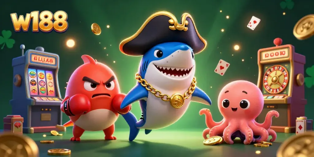 Engage with w188's vibrant casino excitement featuring animated characters amidst colorful casino elements.