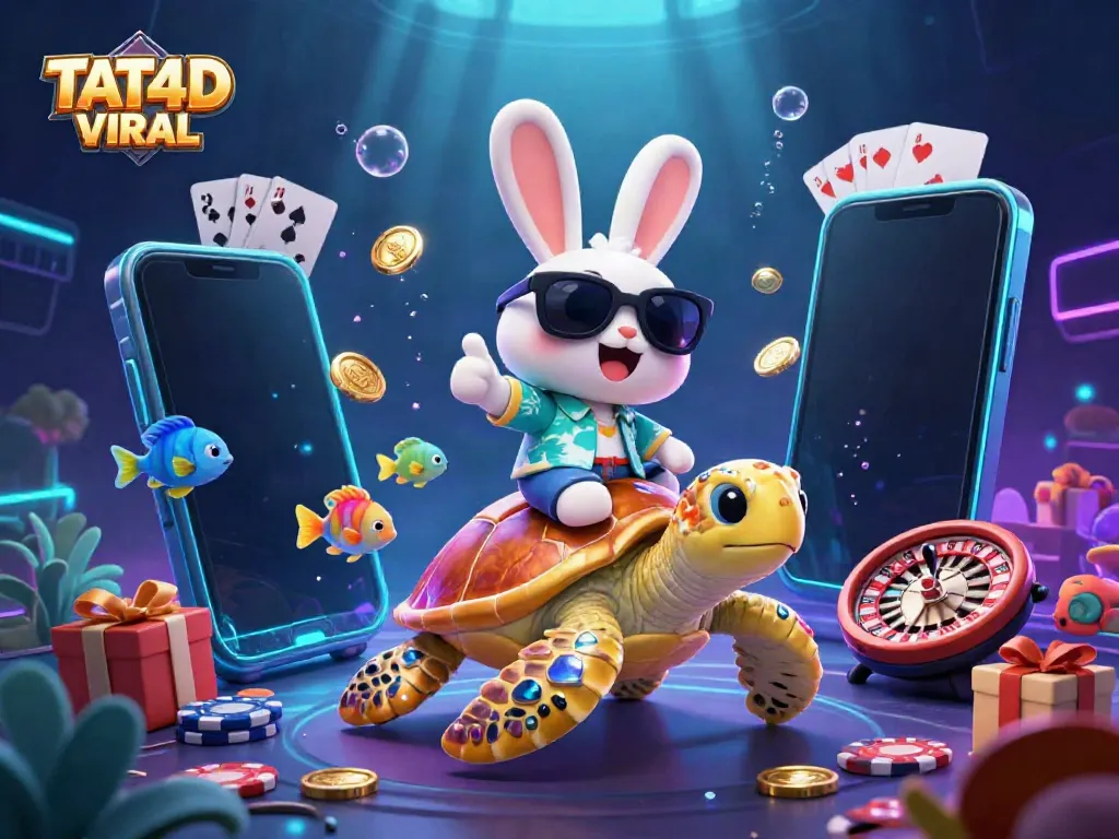 TAT4D VIRAL showcasing a lucky rabbit and sea turtle in a vibrant casino scene with slot game elements.