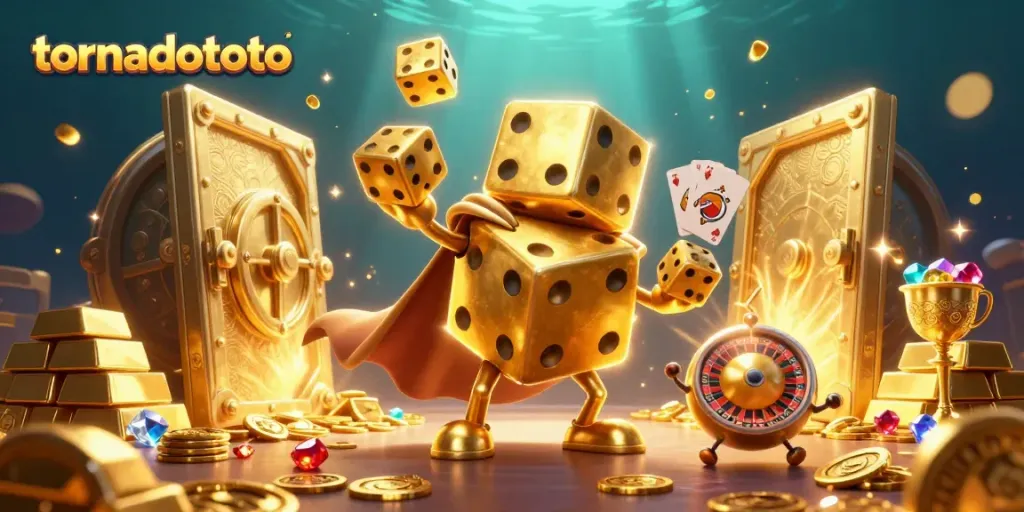 Engage in the thrilling world of tornadototo with a dynamic golden dice golem, treasure, and casino elements.