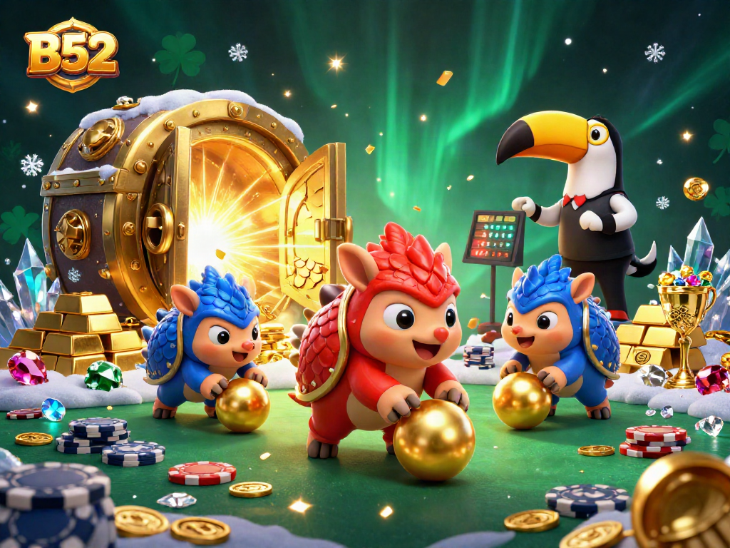 B52 pangolins compete in a casino game, rolling golden balls while poker chips scatter.