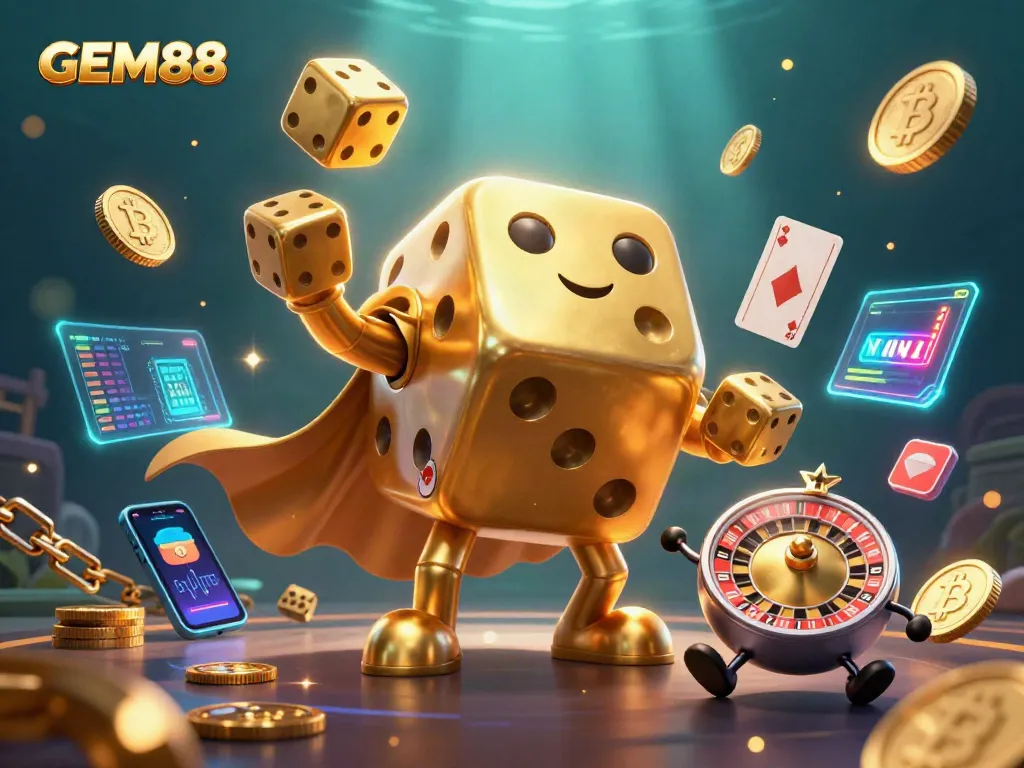 Experience the excitement of GEM88's golden dice golem, showcasing vibrant gaming elements in an engaging 3D illustration.
