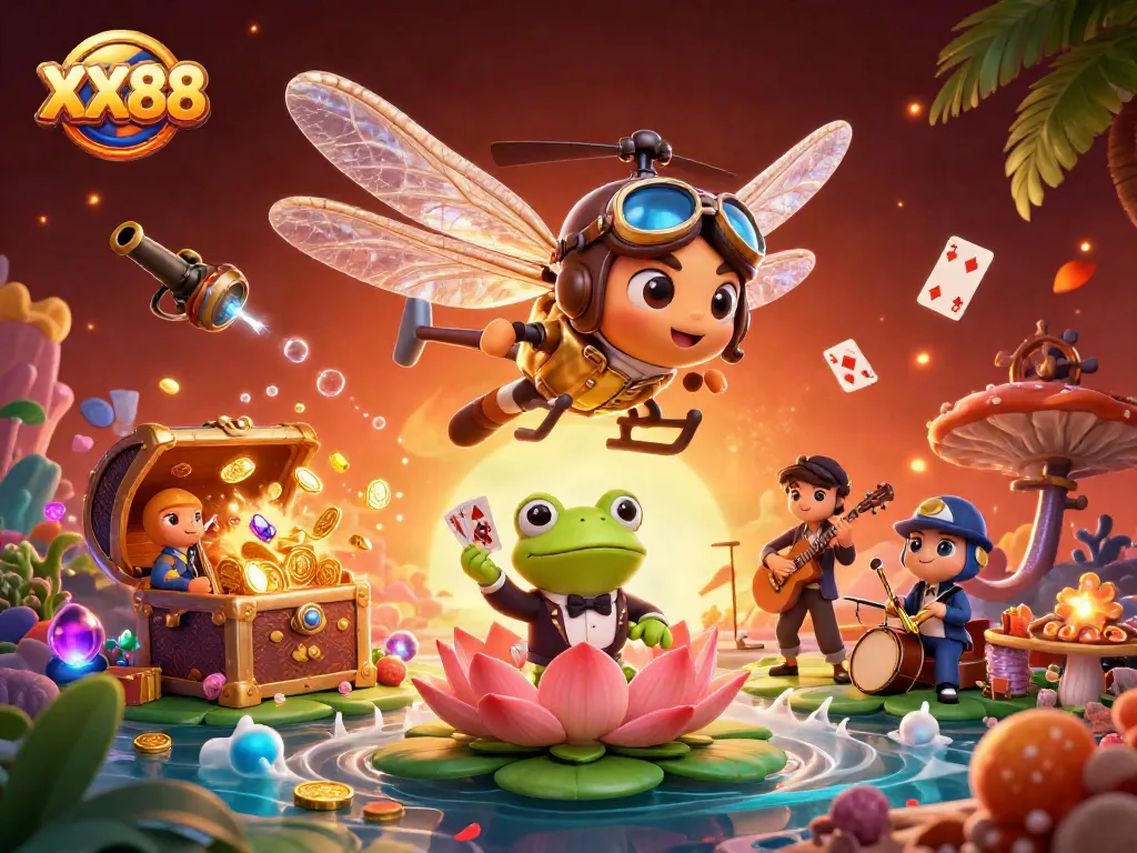 Experience winning at XX88 with the dragonfly pilot and frog dealer in an exciting casino scene.