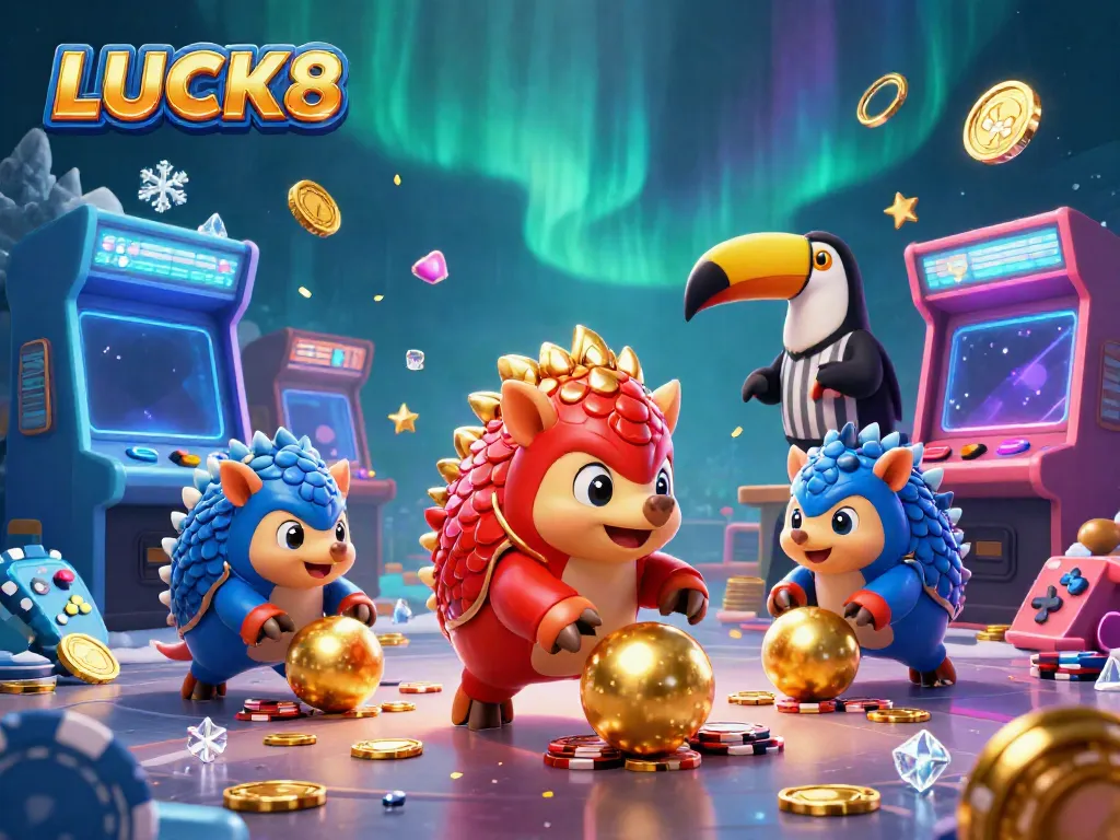 Experience the thrilling game dynamics of LUCK8 with vibrant pangolins and casino elements in 3D.