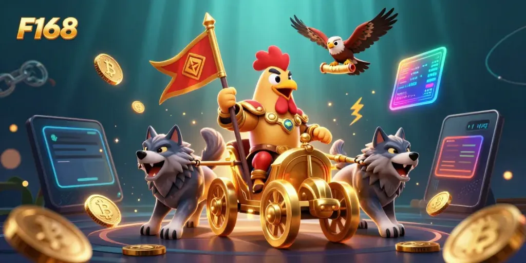 Experience thrilling gaming at F168 featuring a rooster warlord and crypto elements in action.