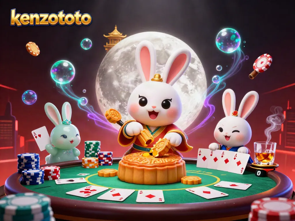 Experience the excitement of kenzototo with dynamic poker scenes featuring mythical rabbits on the moon.