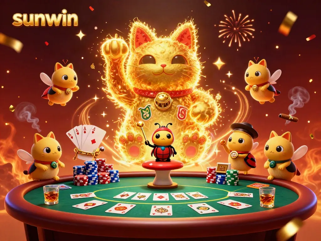Experience excitement with Sunwin's dynamic gaming scene featuring a lucky cat and poker elements.