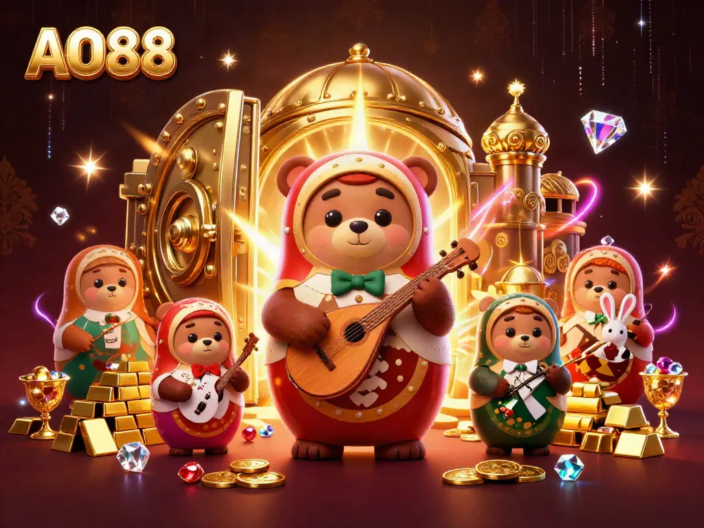 Experience thrilling gaming at AO88 with a vibrant 3D illustration showcasing casino elements, dealer bears, and treasure.