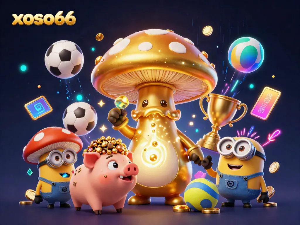 Xoso66 showcases a magical scene with a golden mushroom wizard and vibrant sports elements, creating excitement in gaming.