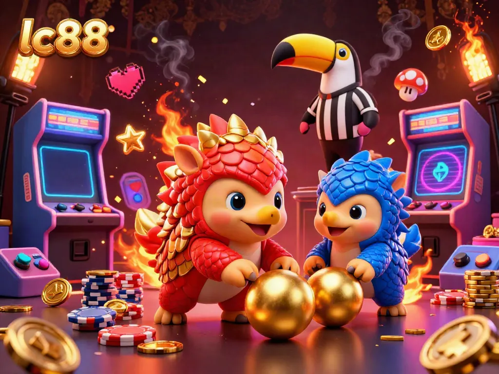 Experience the excitement of lc88 with vibrant 3D pangolins bowling through poker chips in a casino-themed environment.
