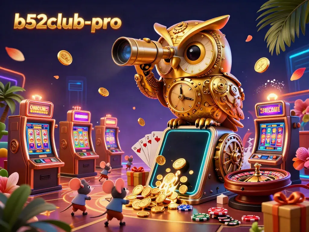 Engage with a vibrant casino scene showcasing b52club-pro, featuring a golden owl and exciting slot game elements.