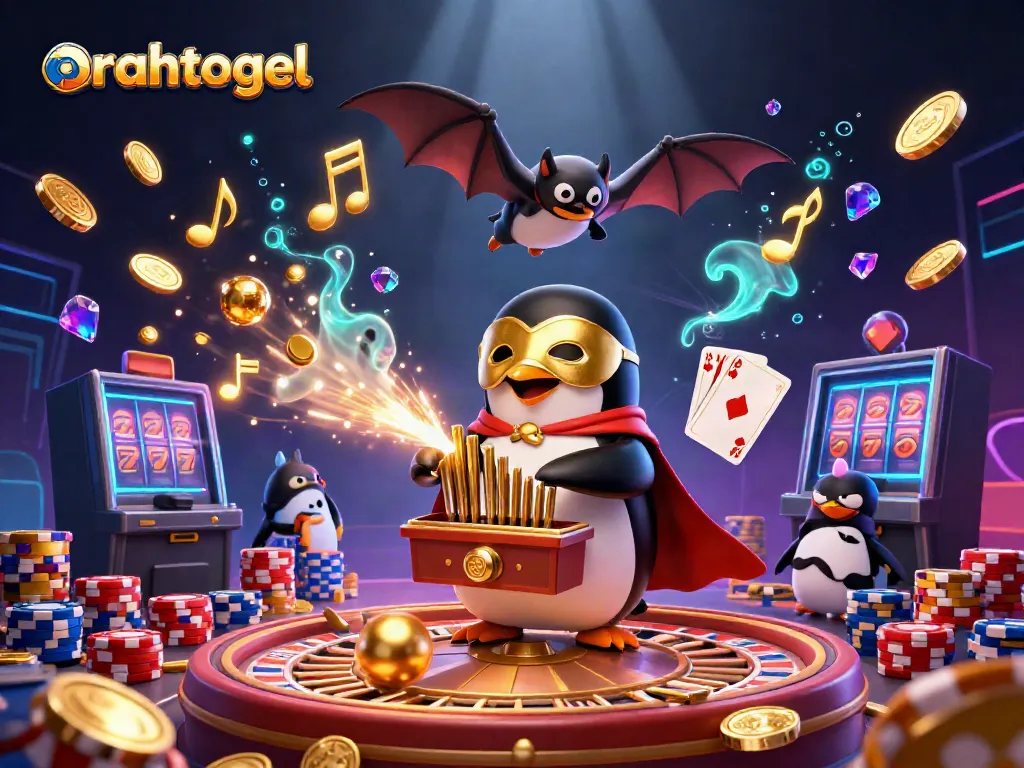 Play with arahtogel's themed casino scene showcasing a penguin organist showering coins and rich casino elements.