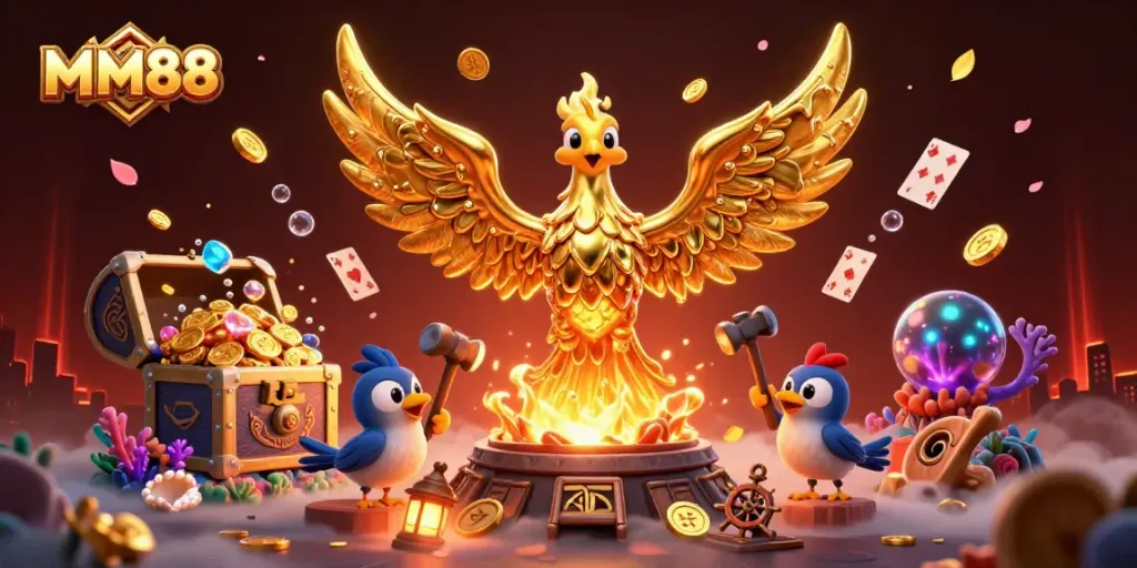 Engage with MM88 as the golden phoenix rises from molten metal, surrounded by vibrant casino elements.
