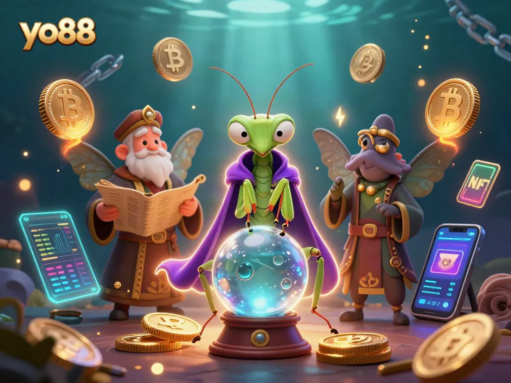 Engage with yo88's vibrant casino magic featuring mystical elements and cryptocurrency icons.