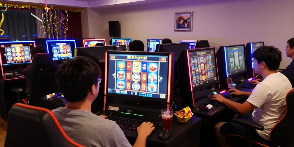 Engaging player experiencing situs gacor online slots at home with vibrant graphics and festive décor.