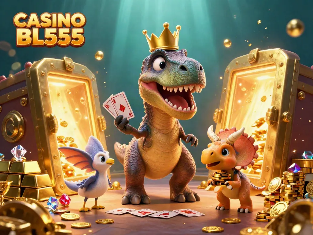 Experience the playful adventure at CASINO BL555 with a T-Rex, a pterodactyl, and a triceratops surrounded by riches.