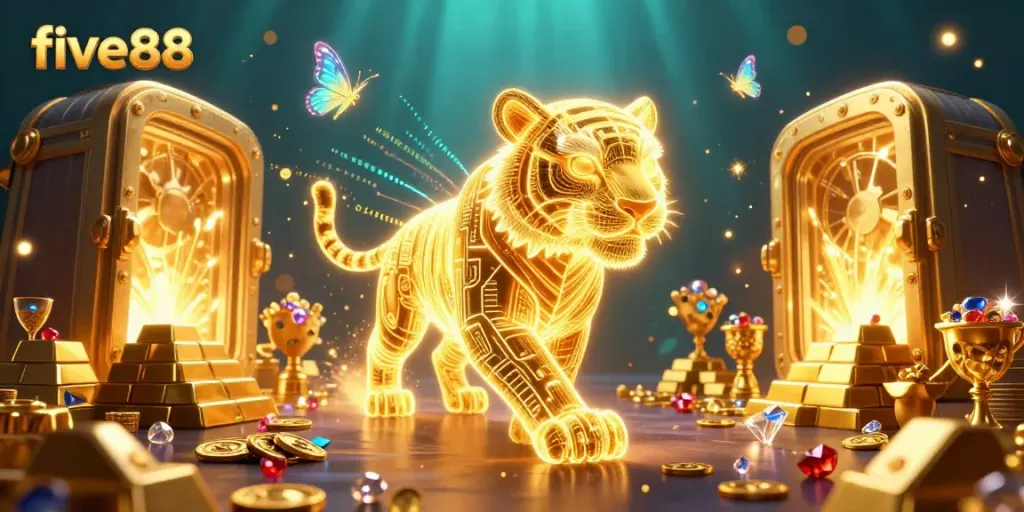 Experience ultimate thrills at five88, where the neon tiger and treasure vault illuminate a vibrant casino landscape.