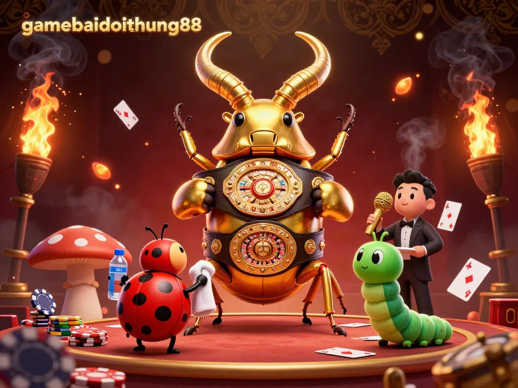 Engage in thrilling gameplay with gamebaidoithuong88 featuring a boxing beetle champion and vibrant casino elements.