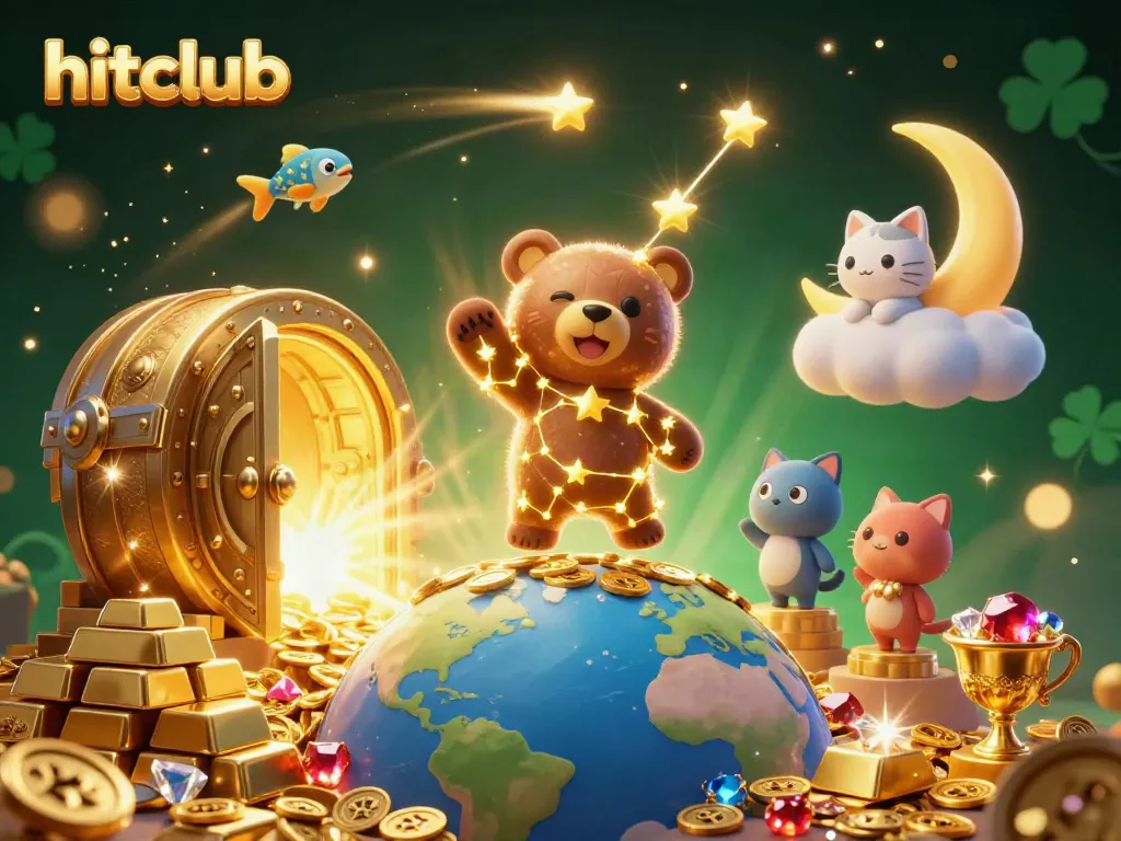 Hitclub's vibrant casino scene showcasing a constellation bear gathering coins amidst treasure galore.