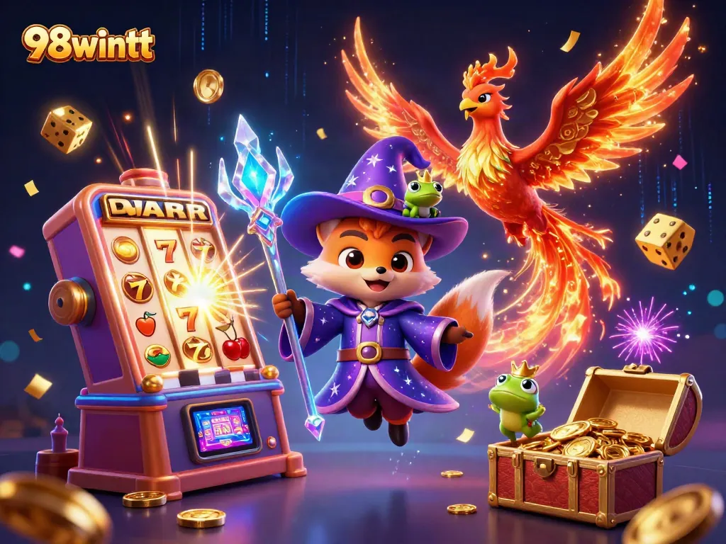Engage with 98wintt's magical casino world featuring a wizard fox and exciting game symbols.