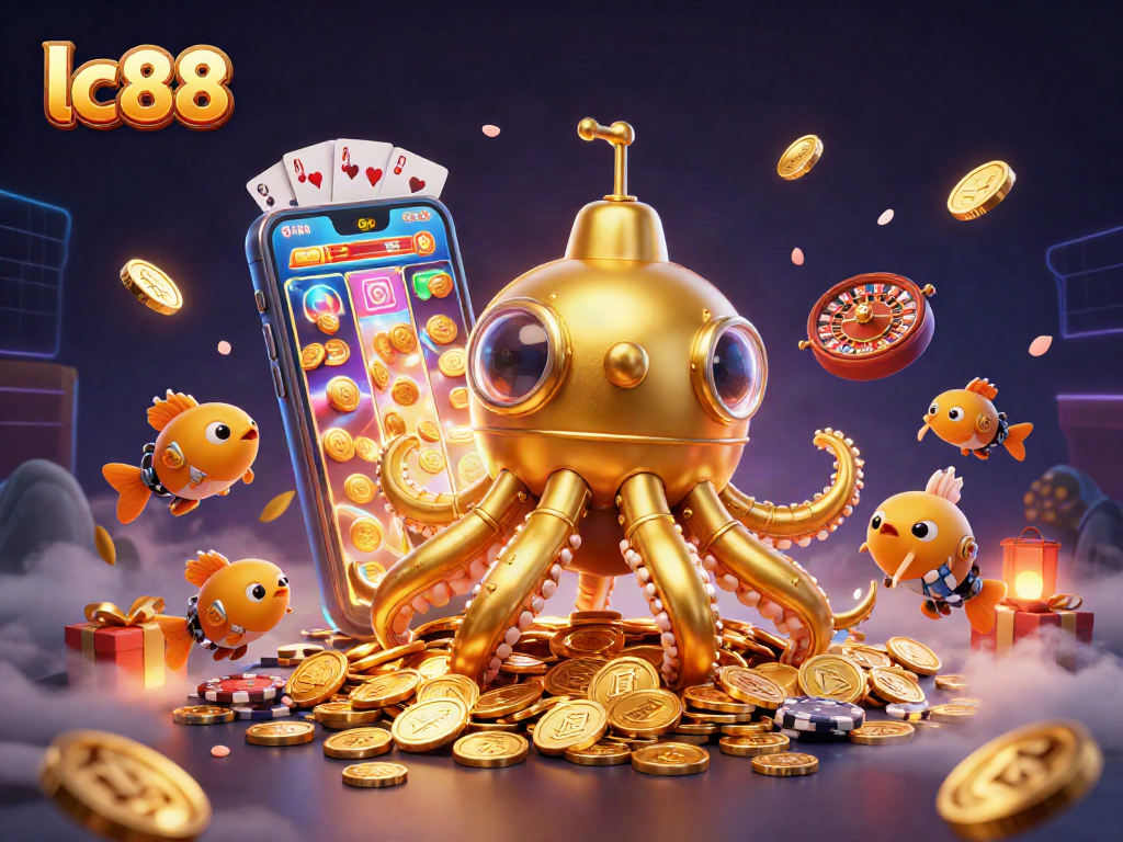 Engage with the thrilling world of lc88 casino gaming amidst a vibrant sea of golden coins and slot machines.