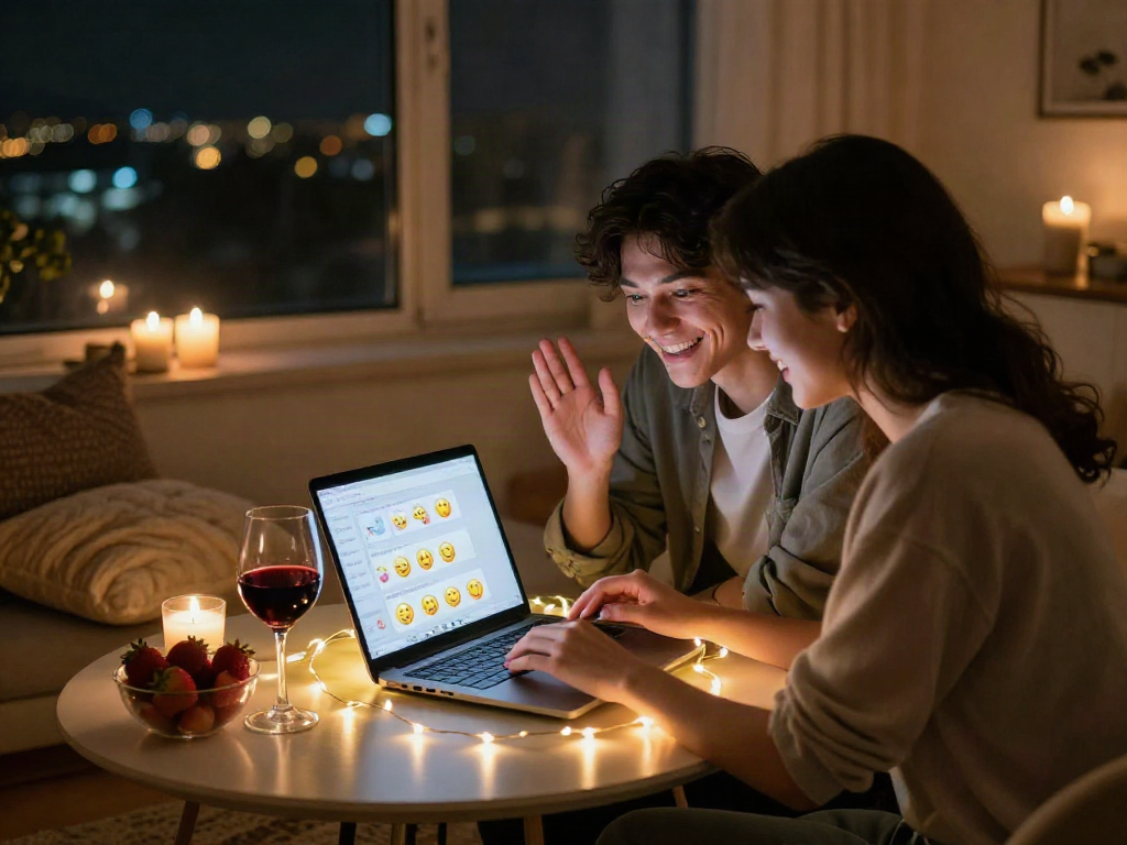 Couple enjoying ai chat nsfw on a laptop in a cozy, intimate setting.