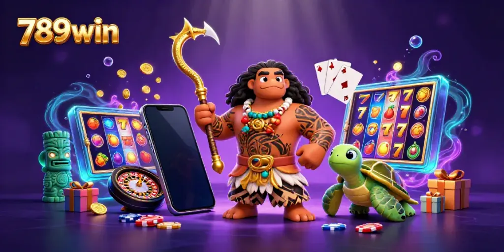 Experience the excitement of 789win with a colorful 3D casino scene featuring a demigod and games.
